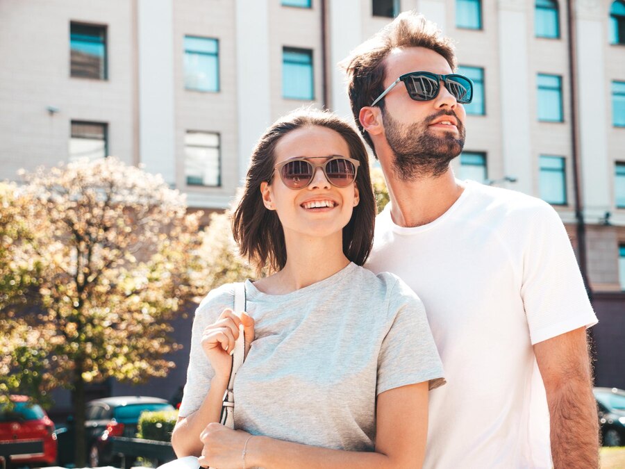 portrait smiling beautiful woman her handsome boyfriend woman casual summer clothes happy cheerful family female having fun couple posing street background sunglasses 158538 23957