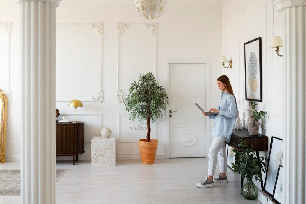 woman using laptop minimal decorated room 23 2150407606